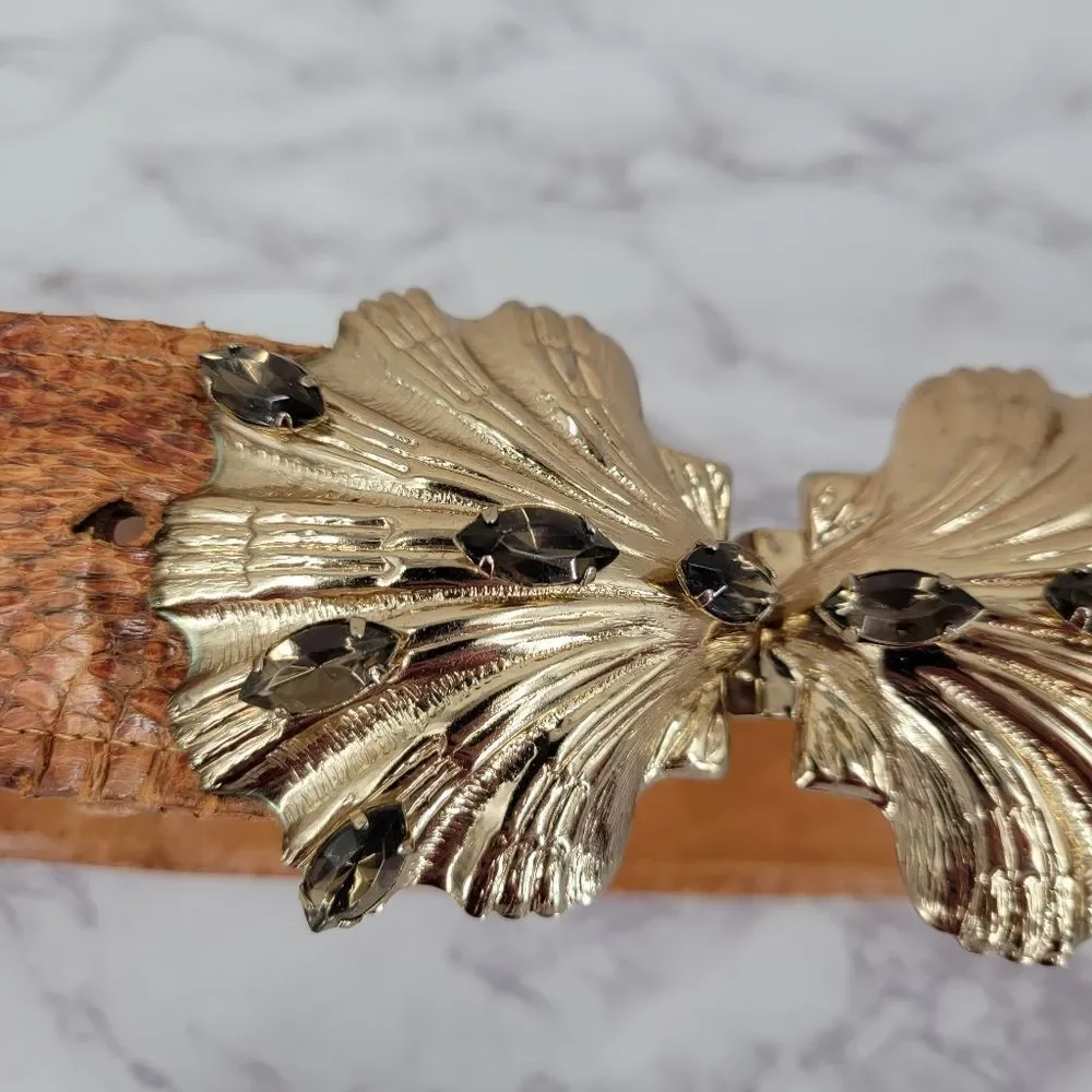 Vintage Snakeskin Leather Belt with Gold Toned Shell Buckle with Smokey Gems